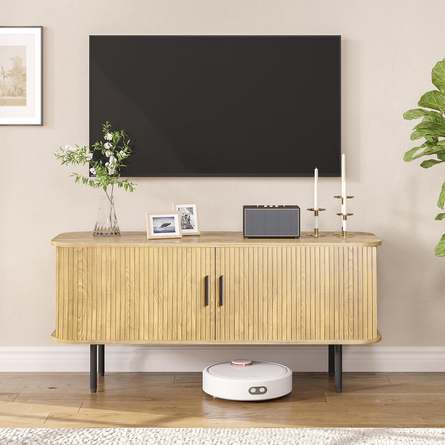Natural Fluted TV Stand for 60 - Gaming Console Entertainment Center recension och pris