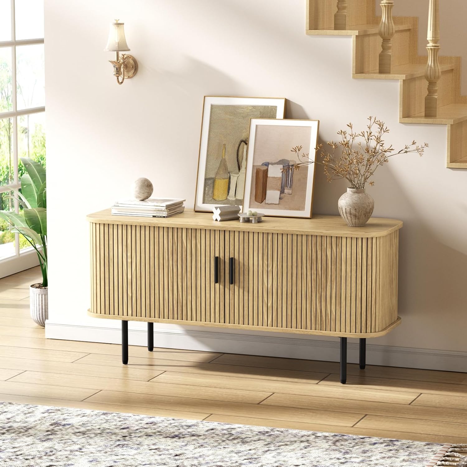Natural Fluted TV Stand for 60 - Gaming Console Entertainment Center recension och pris