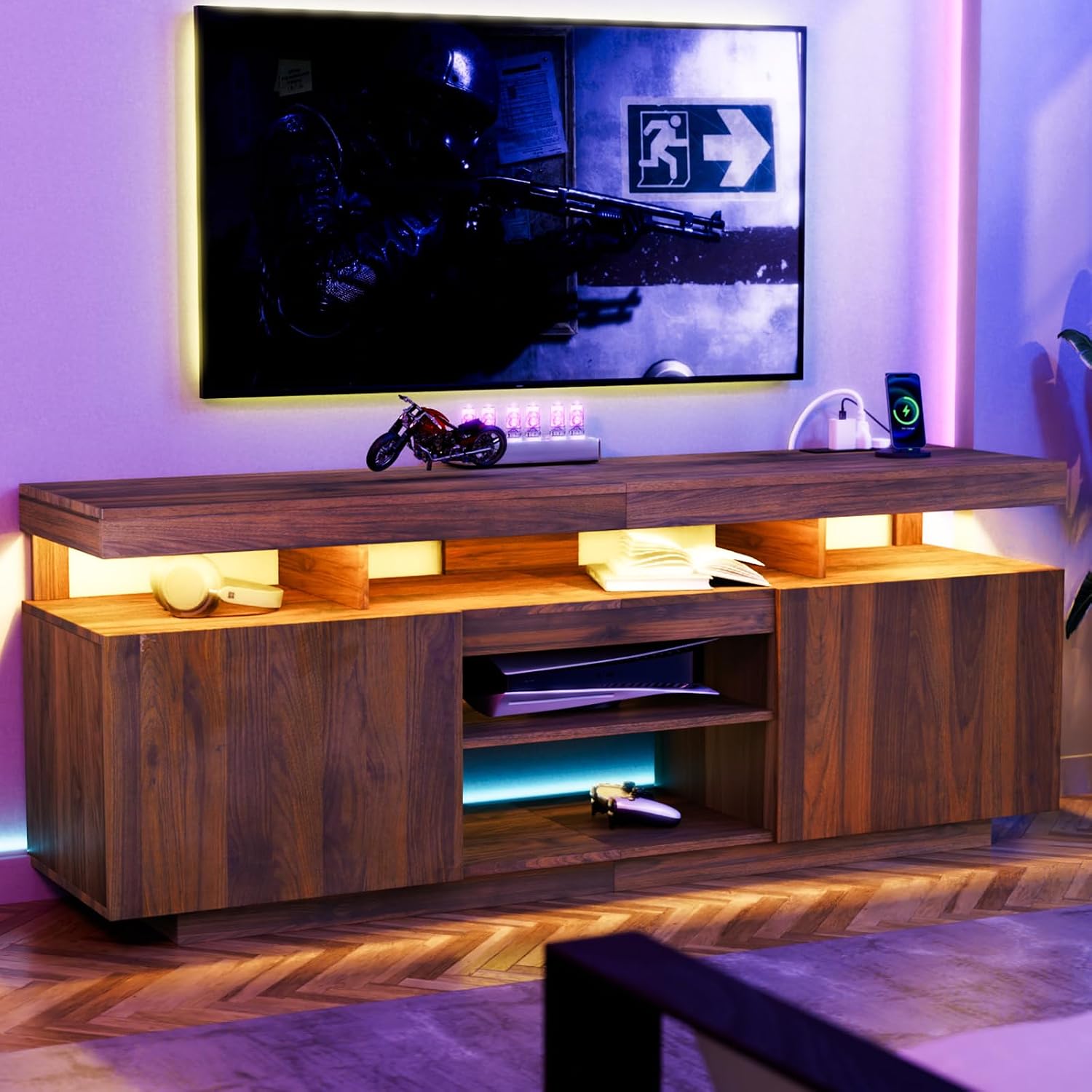 LED TV Stand with Power Outlet - Gaming Console Entertainment Center recension och pris